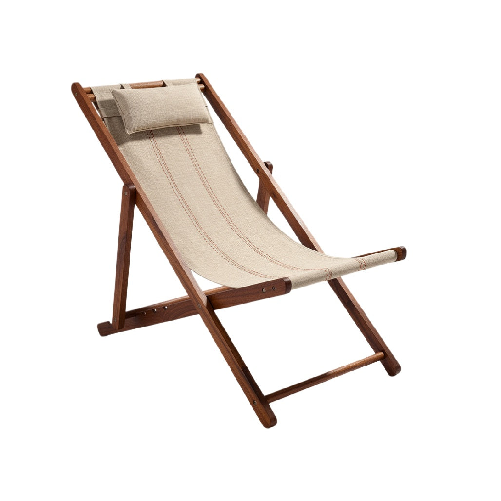 Foldable Wooden Deck Chair with Beige Fabric Seat